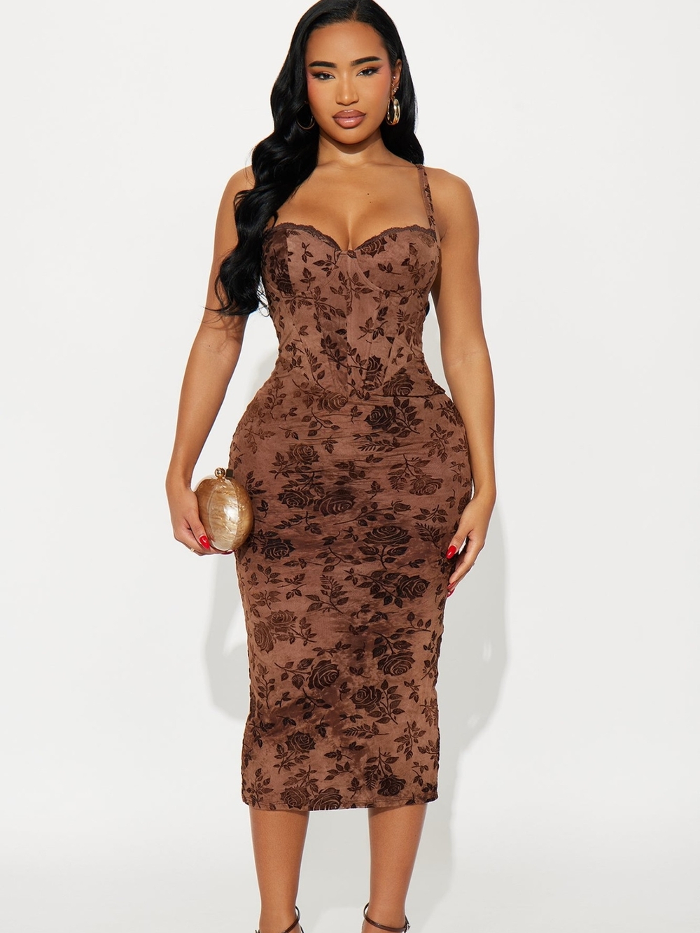Fashion Nova Brown Floral Sweetheart Bodycon Midi Dress